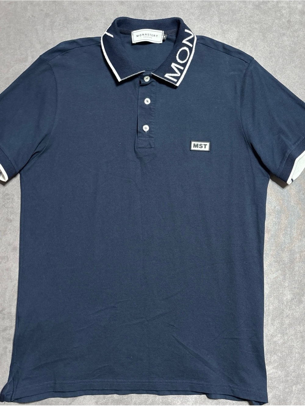 Monastery Couture Mens Polo Shirt Size M Navy Blue MST Spellout Collar Luxury